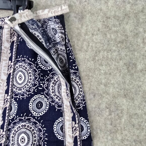 Navy Blue Midi Skirt Mandala Design Accents Side Zipper Cotton Blend Size 8 - Picture 4 of 7